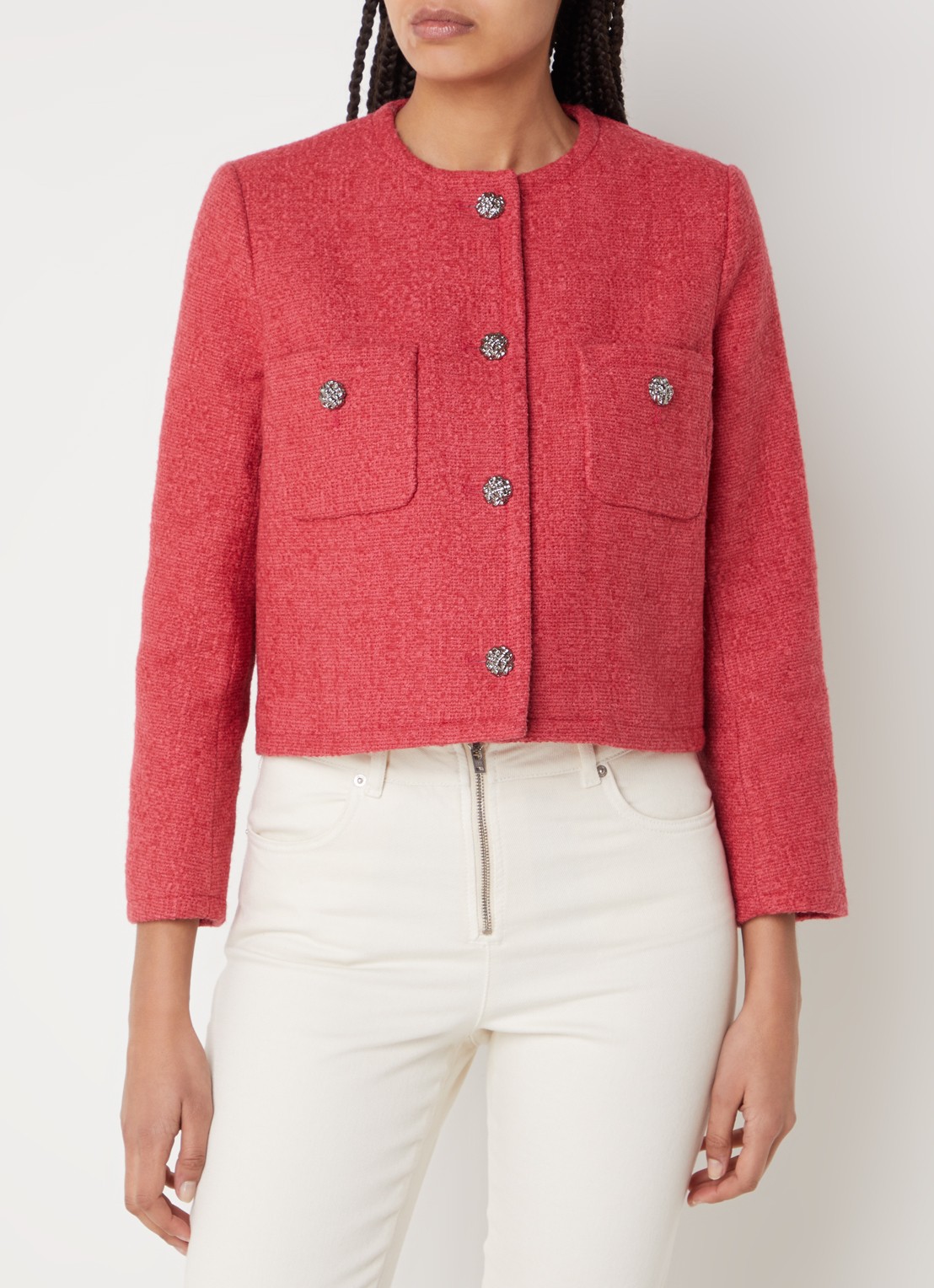 ba&sh Meredith cropped jack van tweed met opgestikte zakken - detail 2 koraalrood