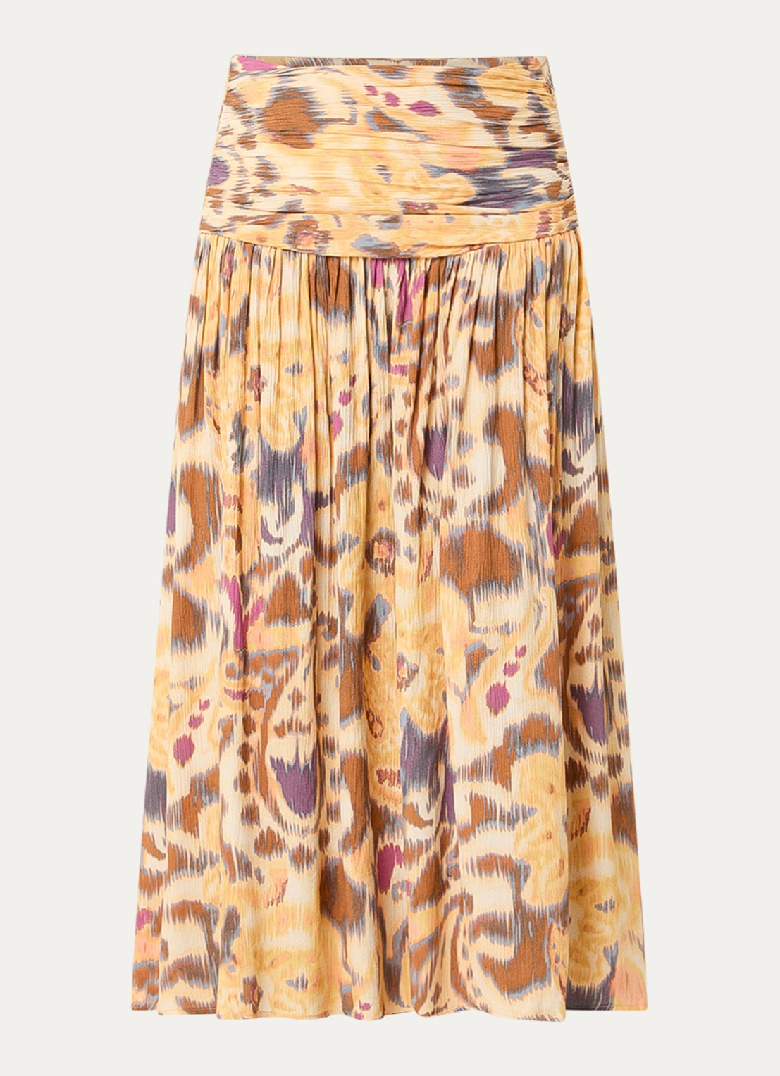 ba&sh Miacoma maxi rok met print en smockwerk  - voorkant okergeel