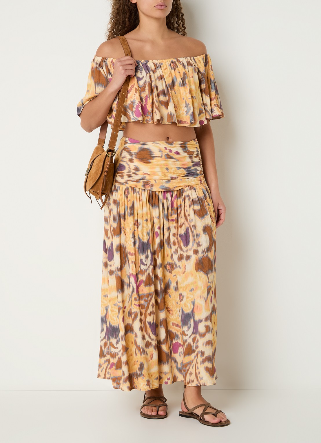 ba&sh Miacoma maxi rok met print en smockwerk  - voorkant 2 okergeel