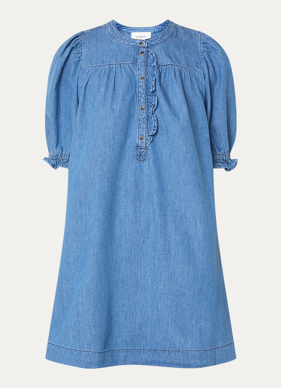 ba&sh Mini jurk van chambray met pofmouw - voorkant indigo