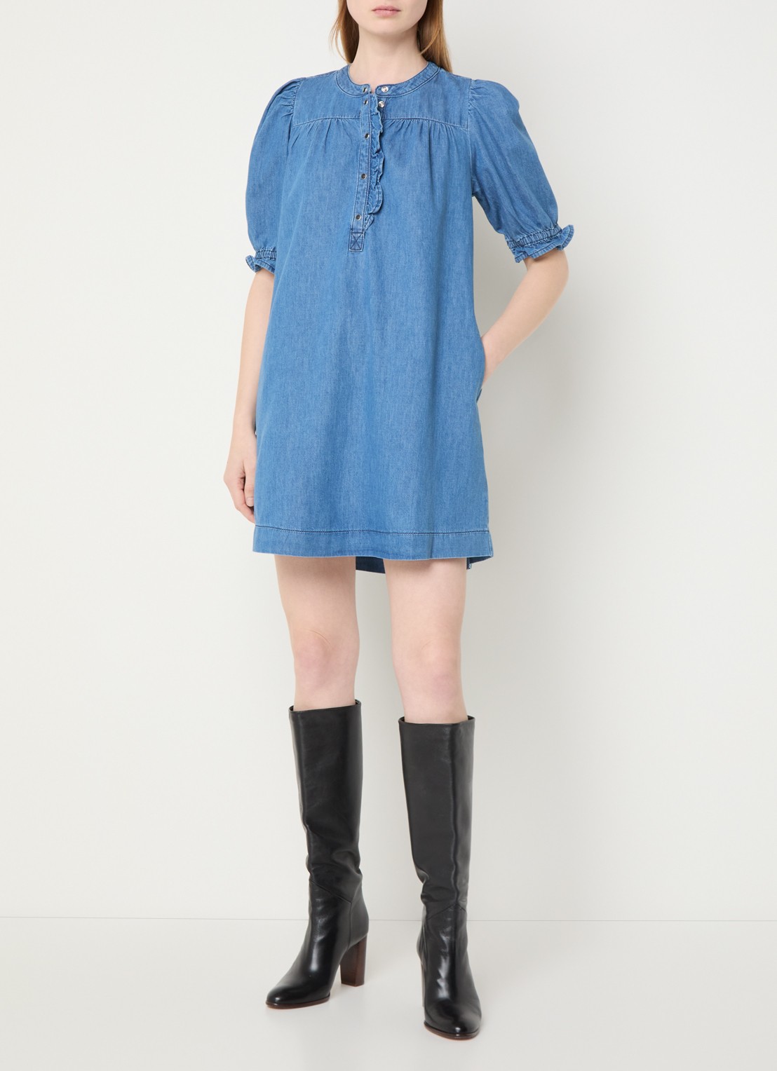 ba&sh Mini jurk van chambray met pofmouw - voorkant 2 indigo