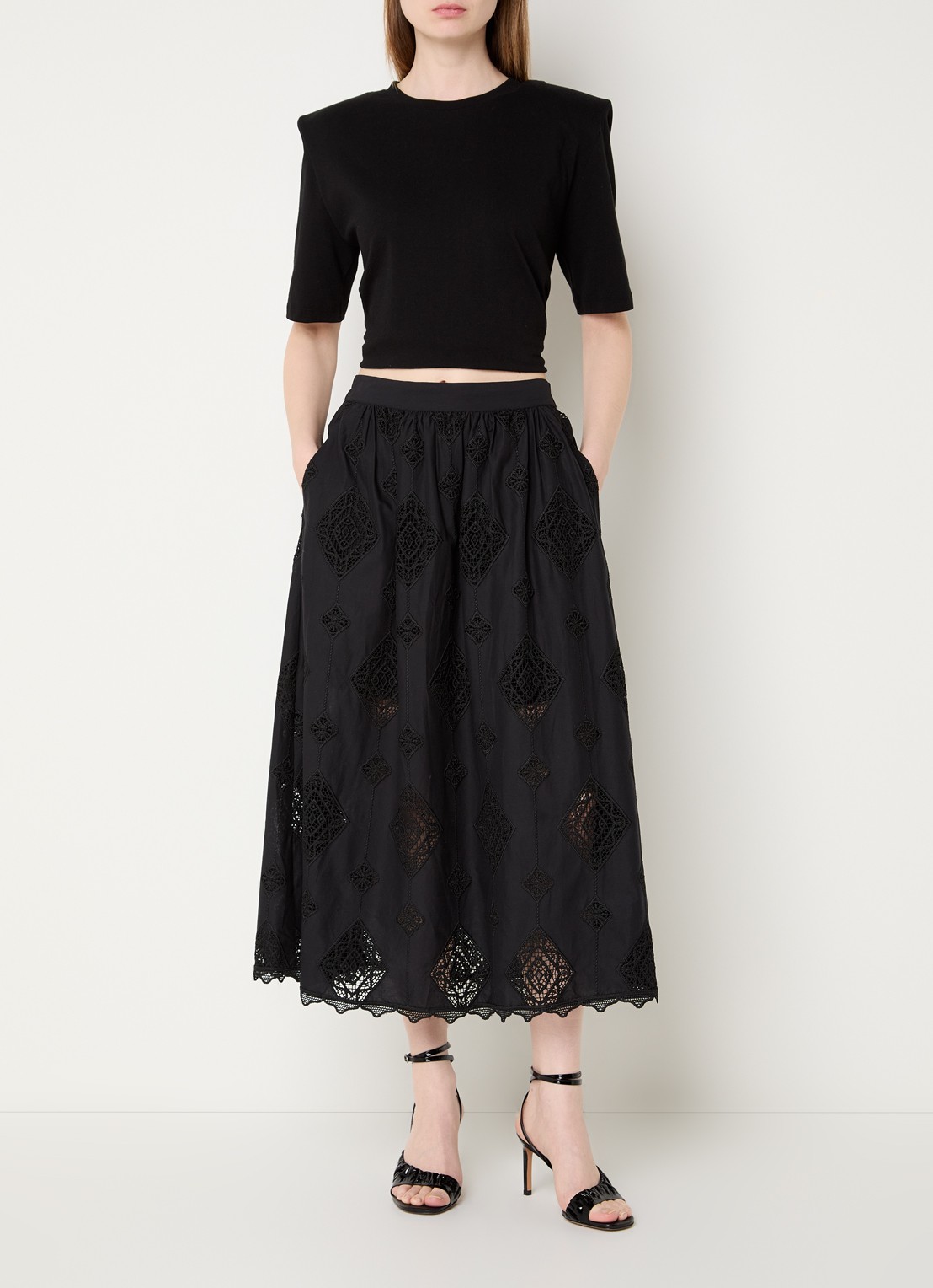 ba&sh Mona midi rok met broderie - voorkant 3 zwart