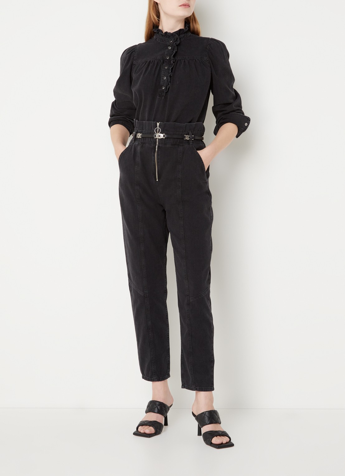 Ba&sh Mony high waist tapered fit pantalon met ritsdetail - voorkant 4 zwart