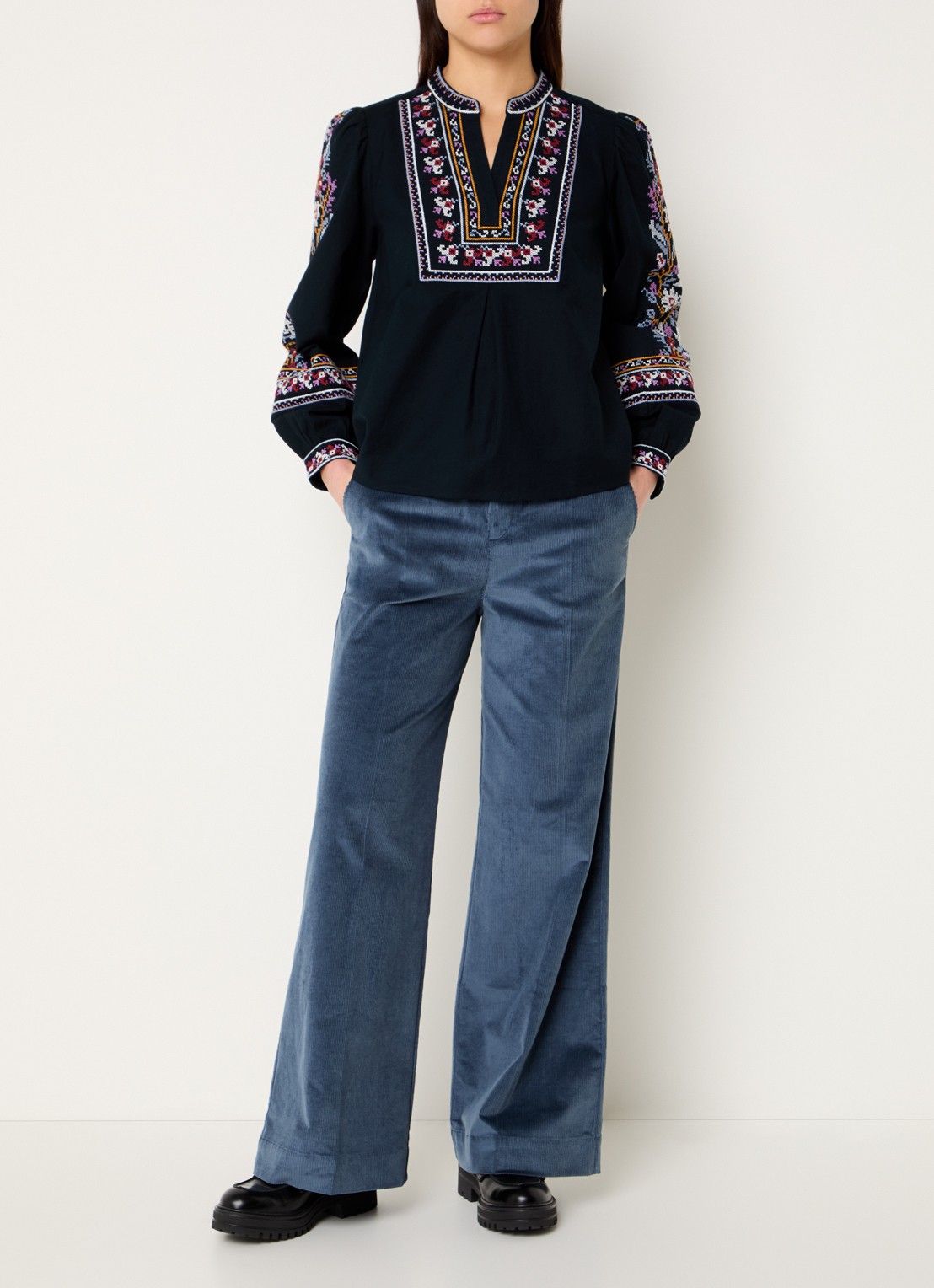 ba&sh Nali high waist wide fit broek van corduroy met steekzakken - voorkant 2 blauwgrijs