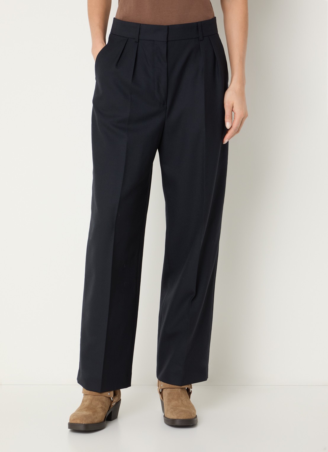 ba&sh Nani high waist straight fit pantalon van wol met persplooi - detail 2 donkerblauw