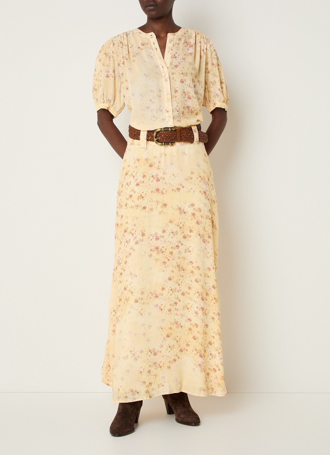 ba&sh Nattalina high waist midi rok met print - voorkant 4 vanillegeel