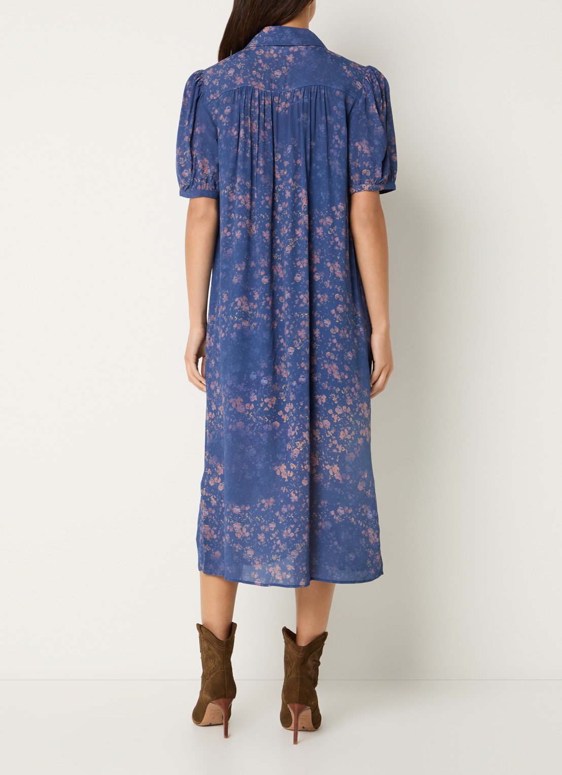 ba&sh Norma midi blousejurk met print en ballonmouw - achterkant 3 donkerblauw