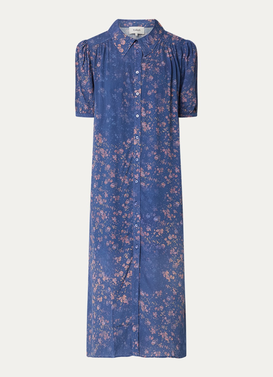 ba&sh Norma midi blousejurk met print en ballonmouw - voorkant donkerblauw