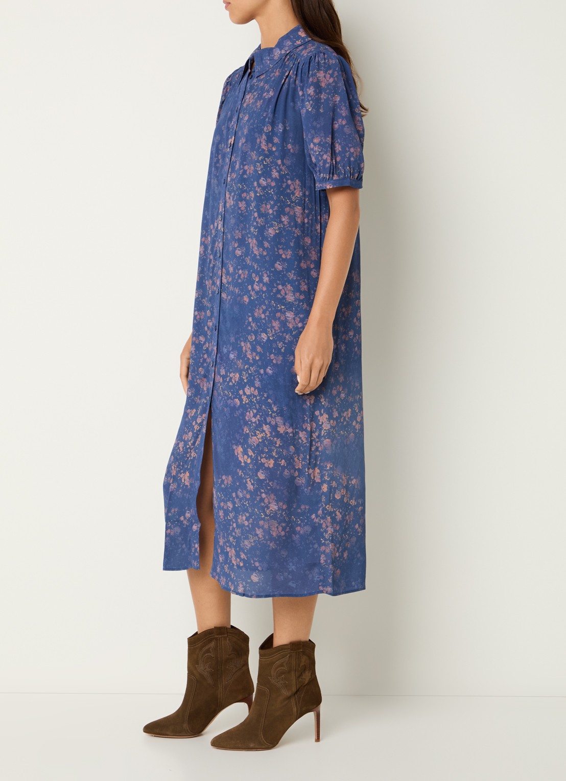 ba&sh Norma midi blousejurk met print en ballonmouw - voorkant 2 donkerblauw