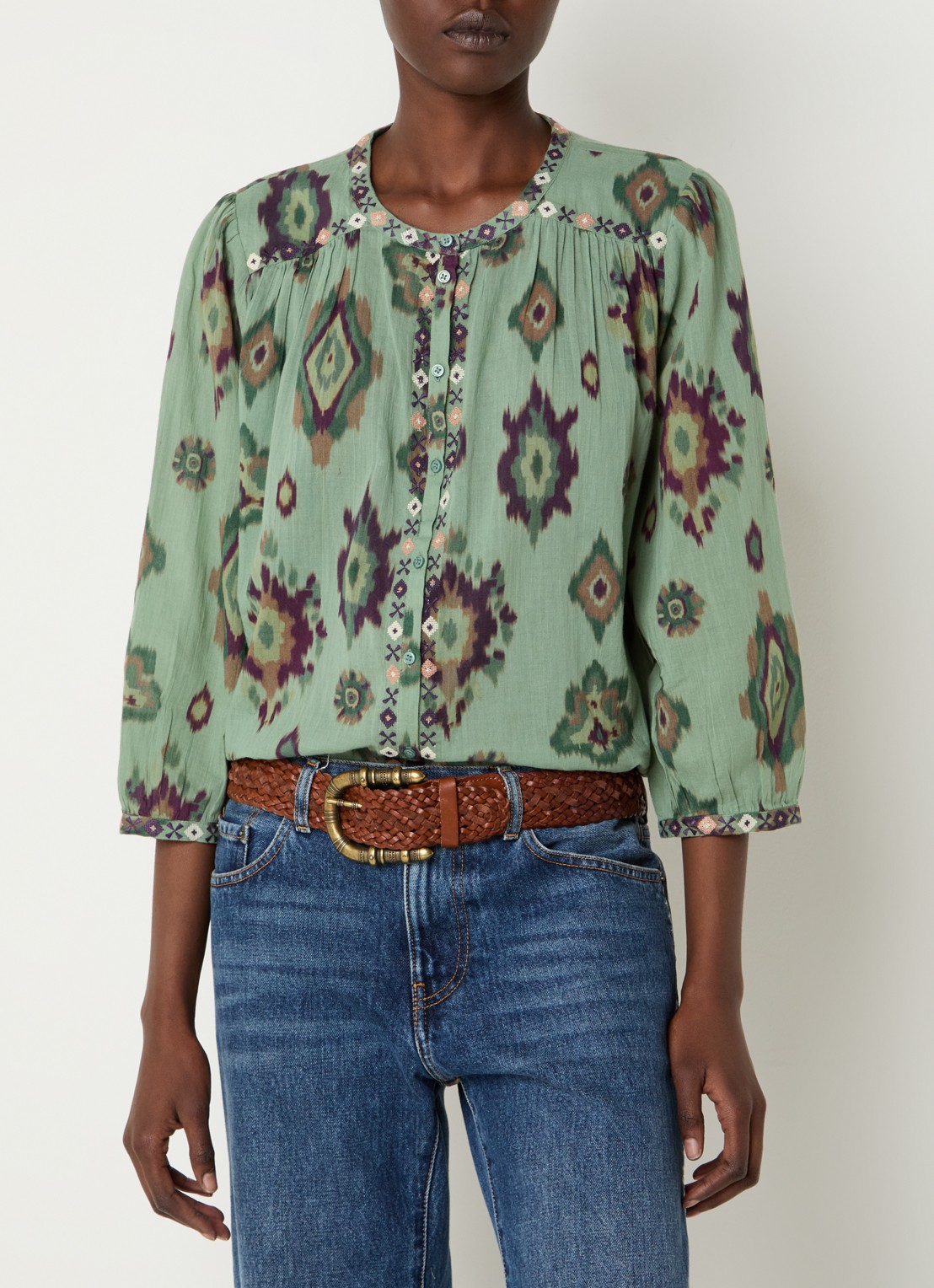 ba&sh Odelie blouse met print - detail lichtgroen