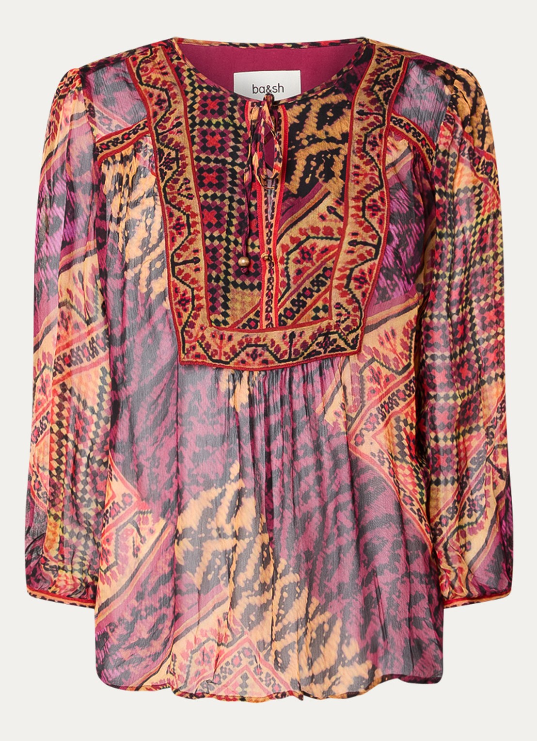 ba&sh Odetta semi-transparante tuniek met print en strikkraag - voorkant rood