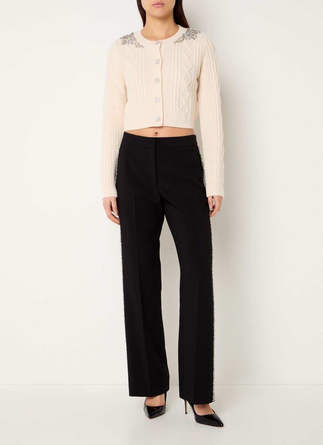 ba&sh Oillo grofgebreid cropped vest van wol met strass - voorkant 2 gebroken wit