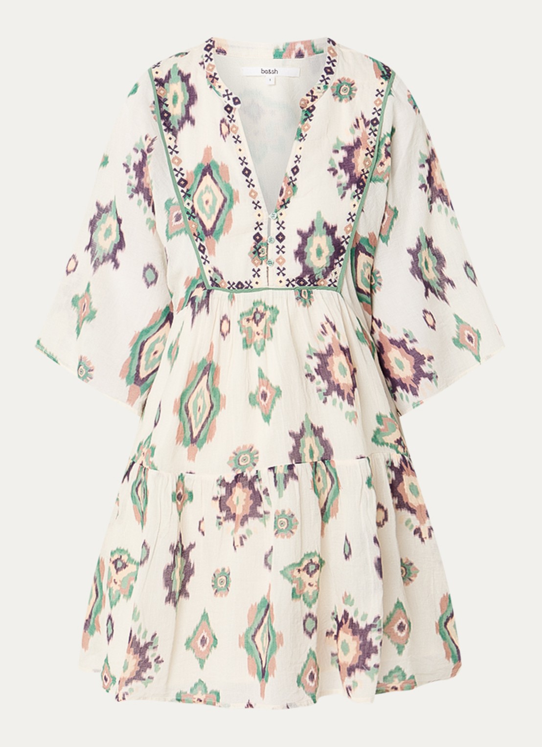 ba&sh Olalie mini jurk met grafische print - voorkant gebroken wit