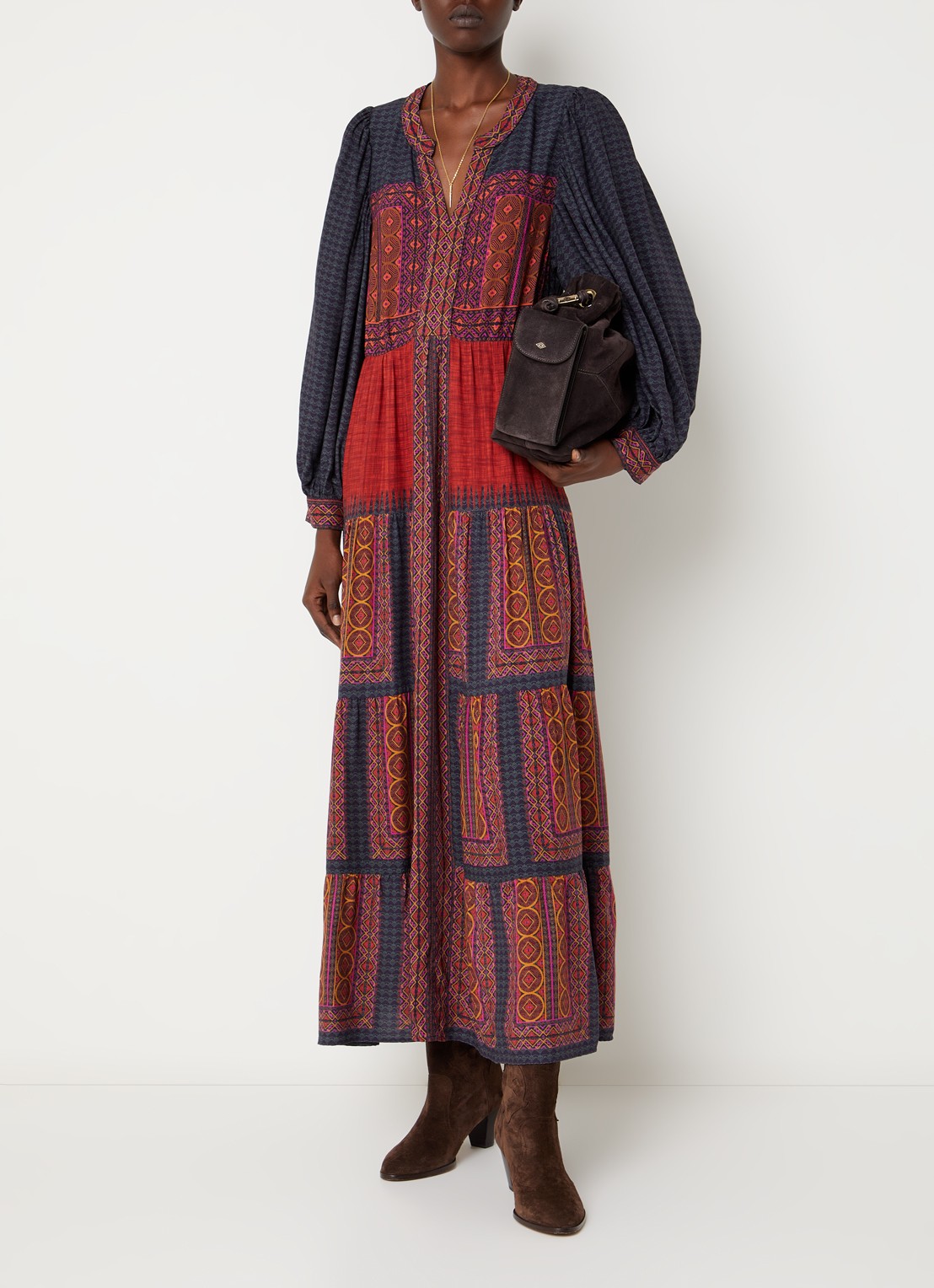 ba&sh Olly maxi jurk met print - detail 4 oranjerood