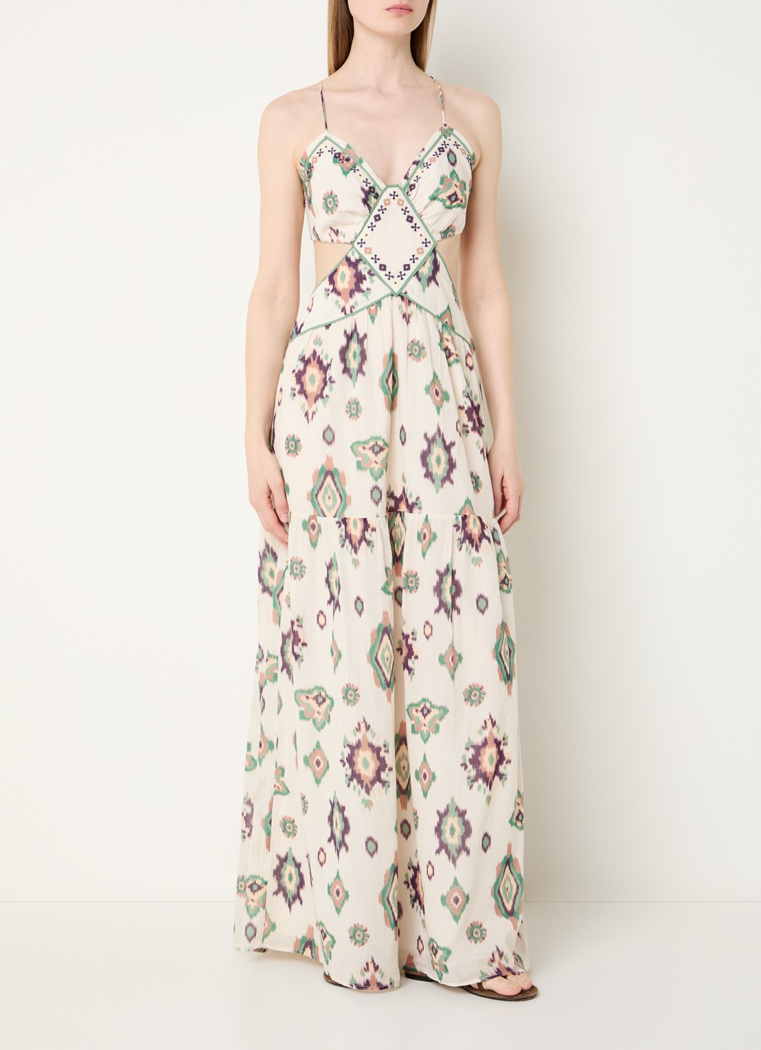 ba&sh Omelia maxi halterjurk met grafische print - detail 4 gebroken wit