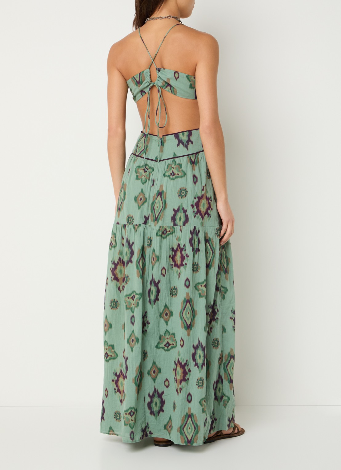 ba&sh Omelia maxi halterjurk met grafische print - voorkant 4 lindegroen