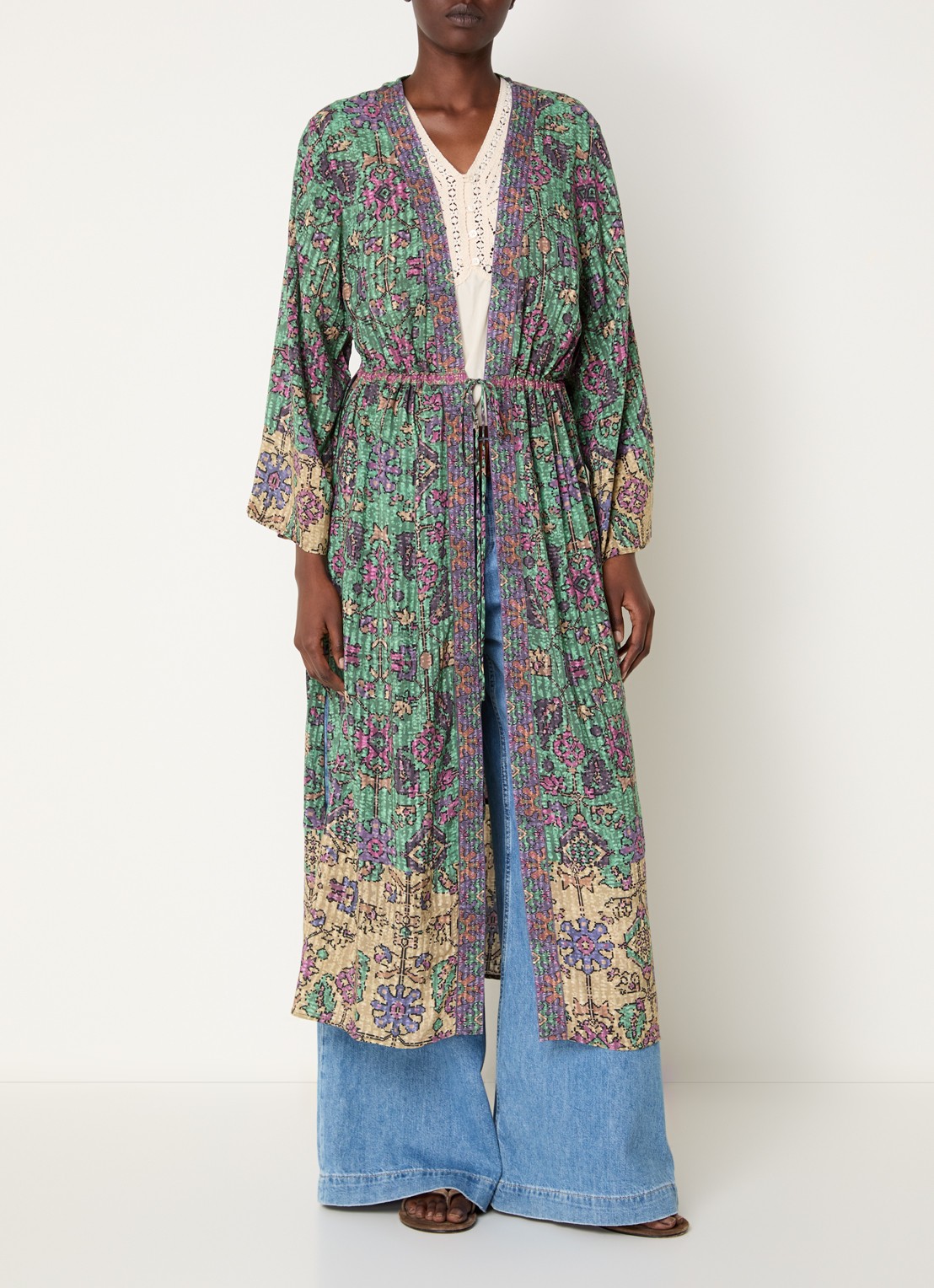 ba&sh Padrig kimono vest met strikceintuur en  print - detail 4 groen