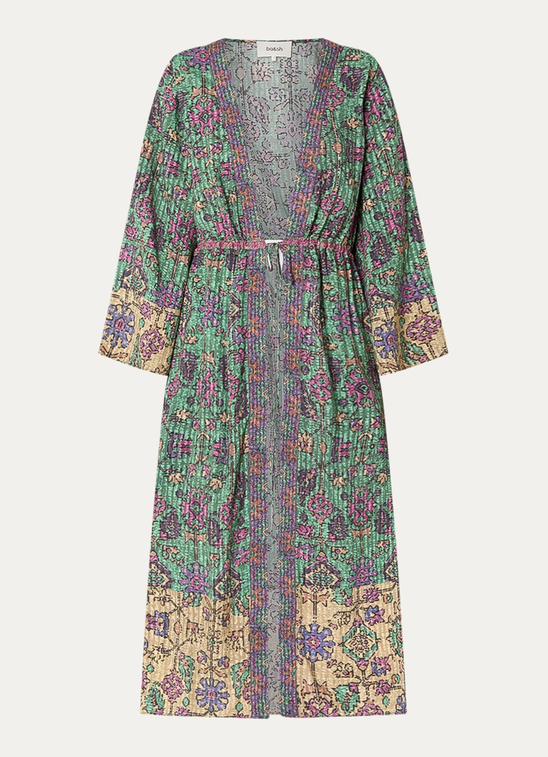 ba&sh Padrig kimono vest met strikceintuur en  print - voorkant groen