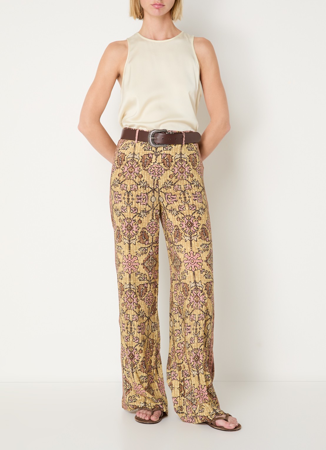 ba&sh Pali high waist loose fit pantalon met grafische print - voorkant 4 geel
