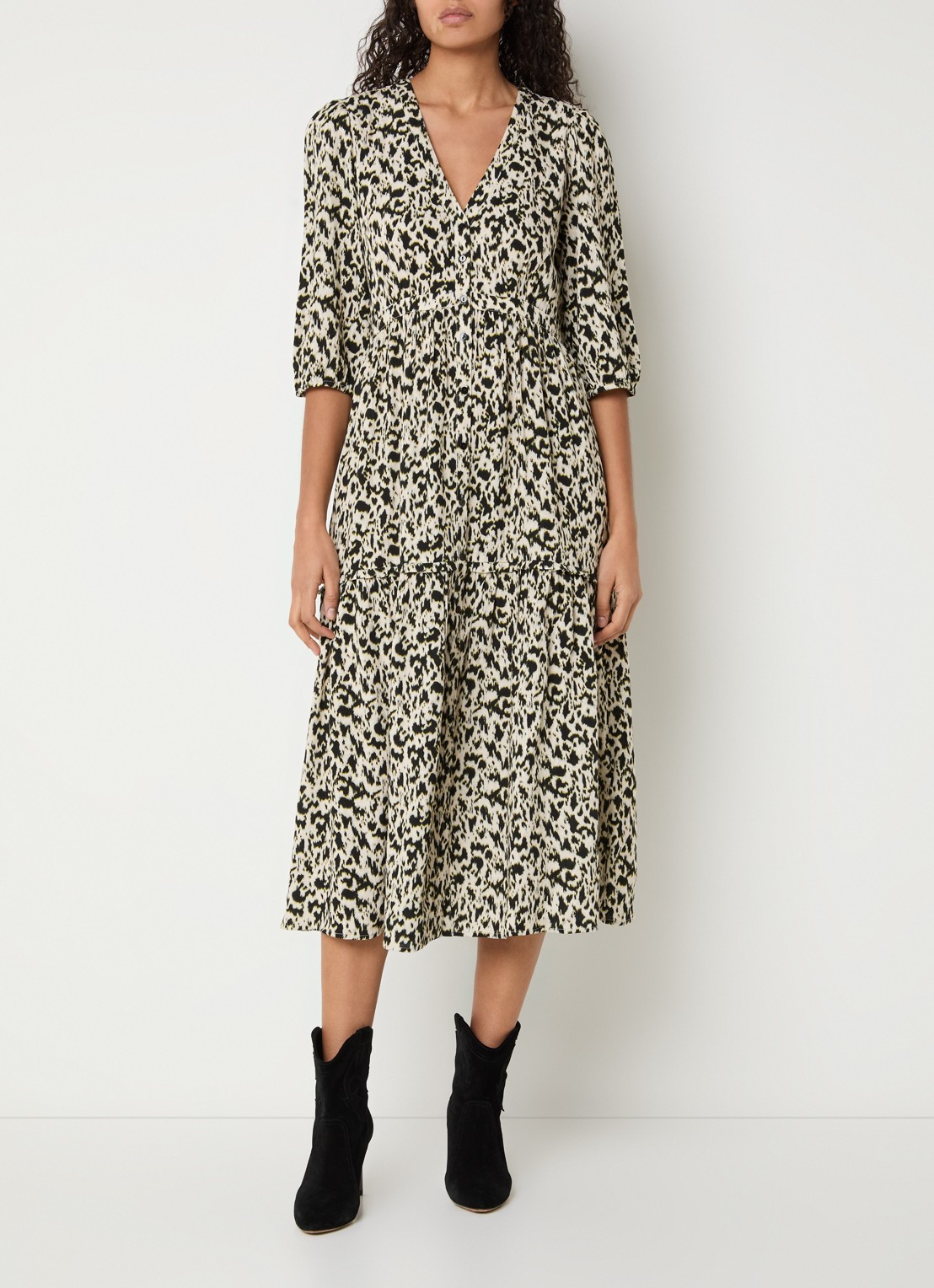 ba&sh Palma midi blousejurk met panterprint - detail 4 gebroken wit