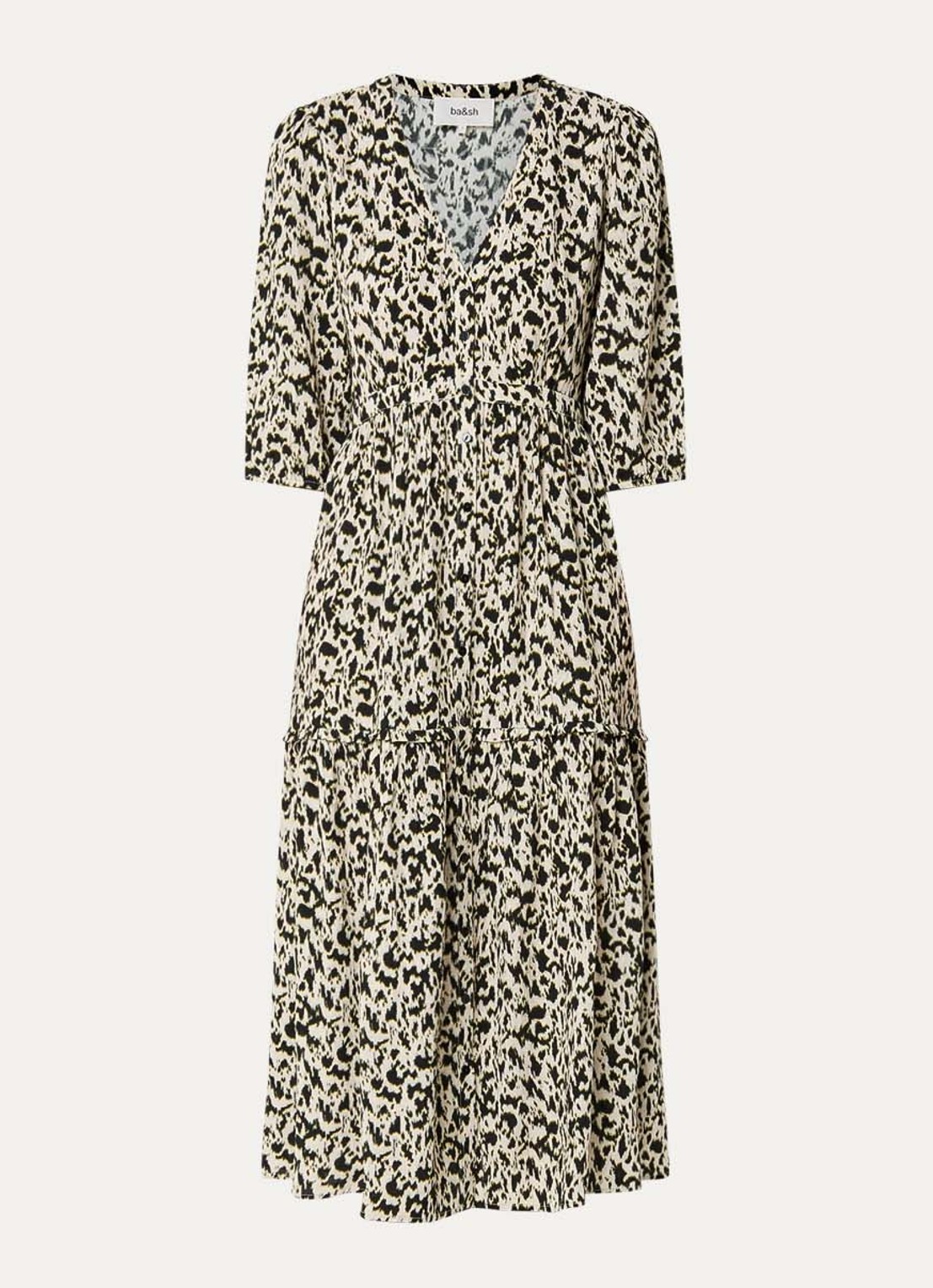 ba&sh Palma midi blousejurk met panterprint - voorkant 2 gebroken wit