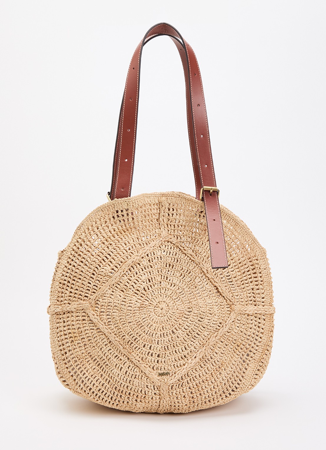 ba&sh Palma schoudertas van raffia met details van leer - voorkant beige