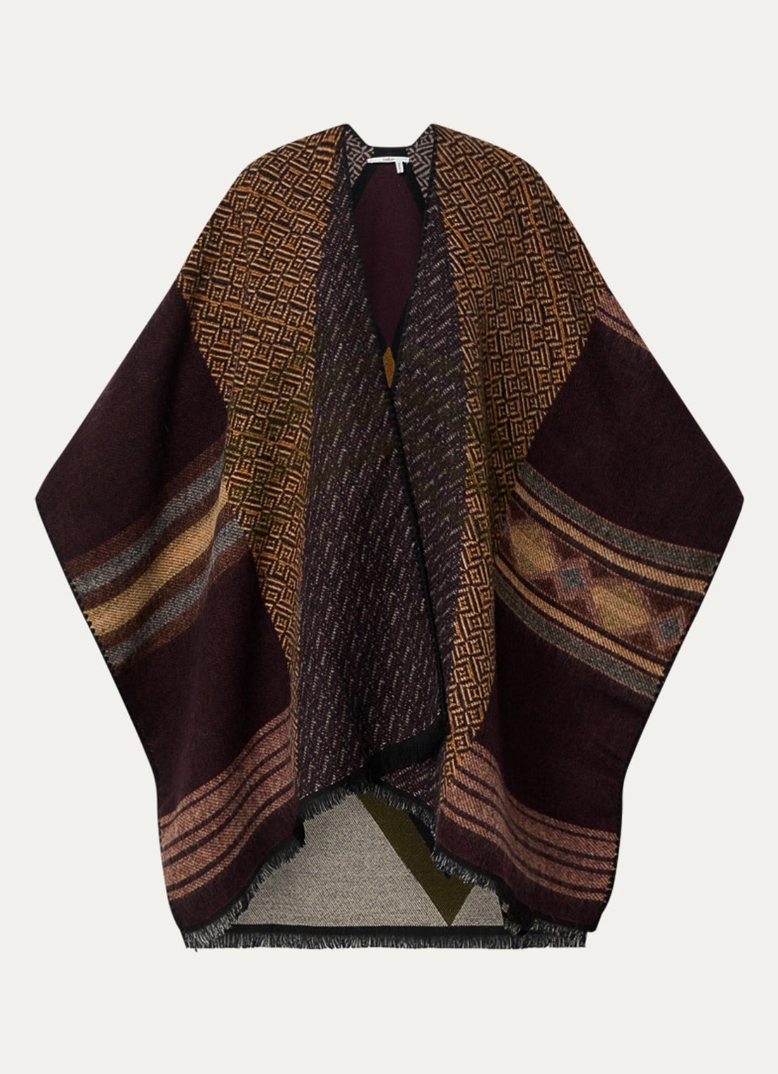 ba&sh Panama poncho in wolblend met grafische print - voorkant 3 donkerbruin
