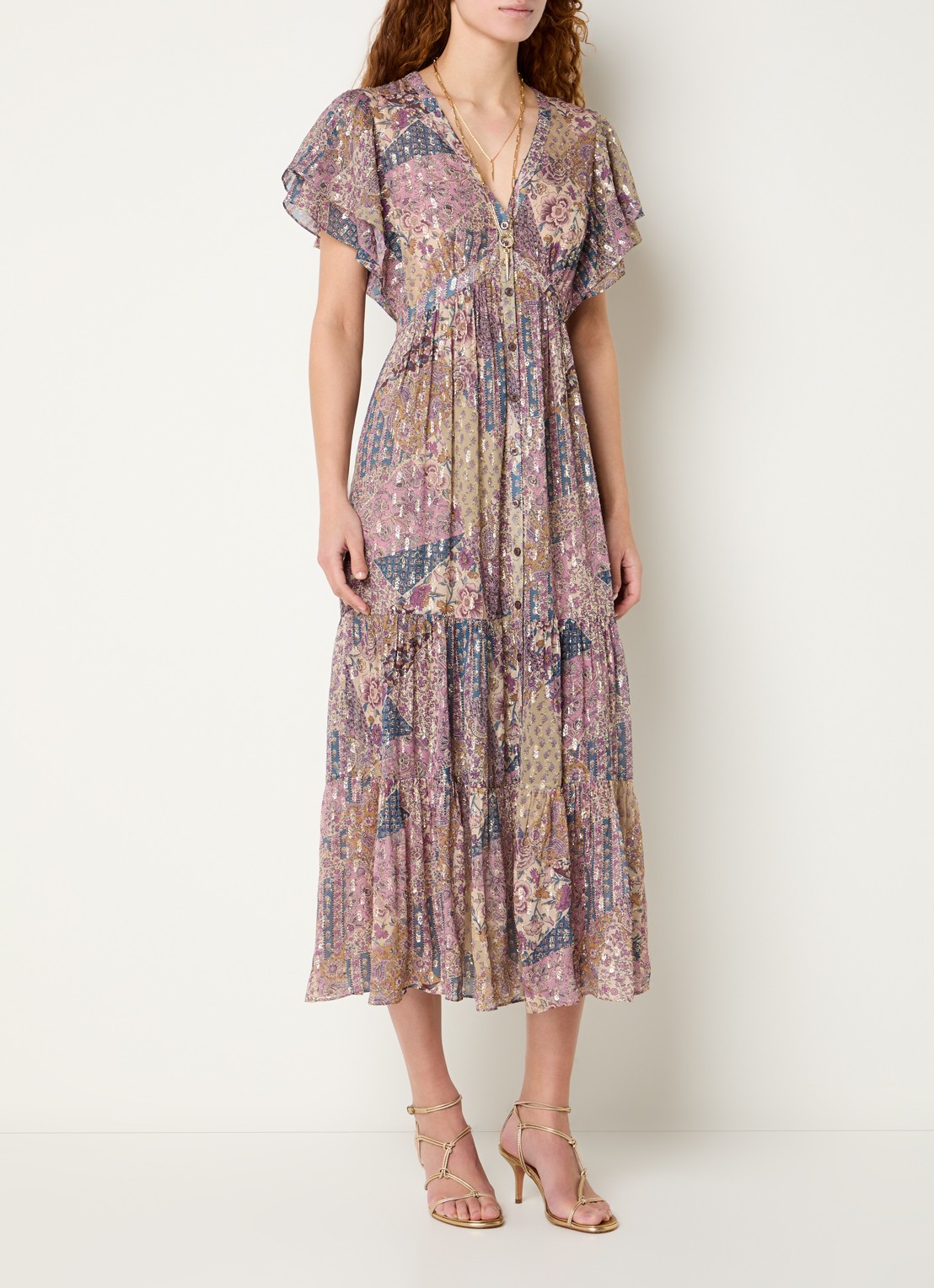 ba&sh Pareta midi blousejurk met bloemenprint en lurex - detail paars