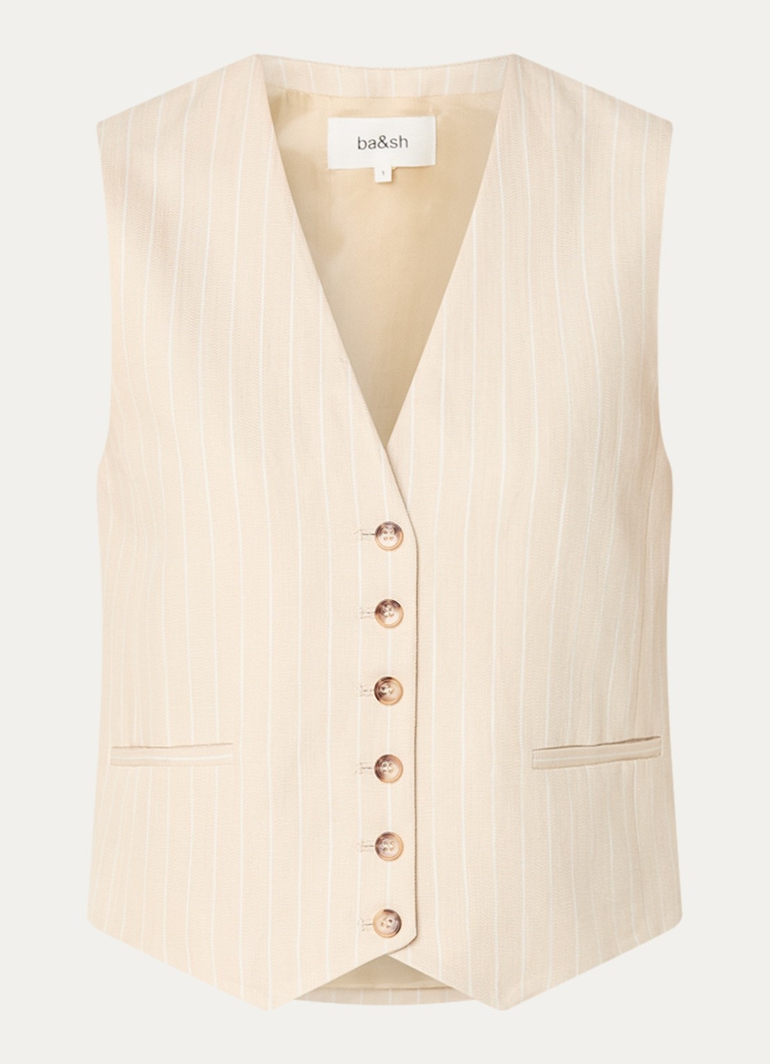 ba&sh Patsy gilet in linnenblend met streepprint - voorkant 3 beige