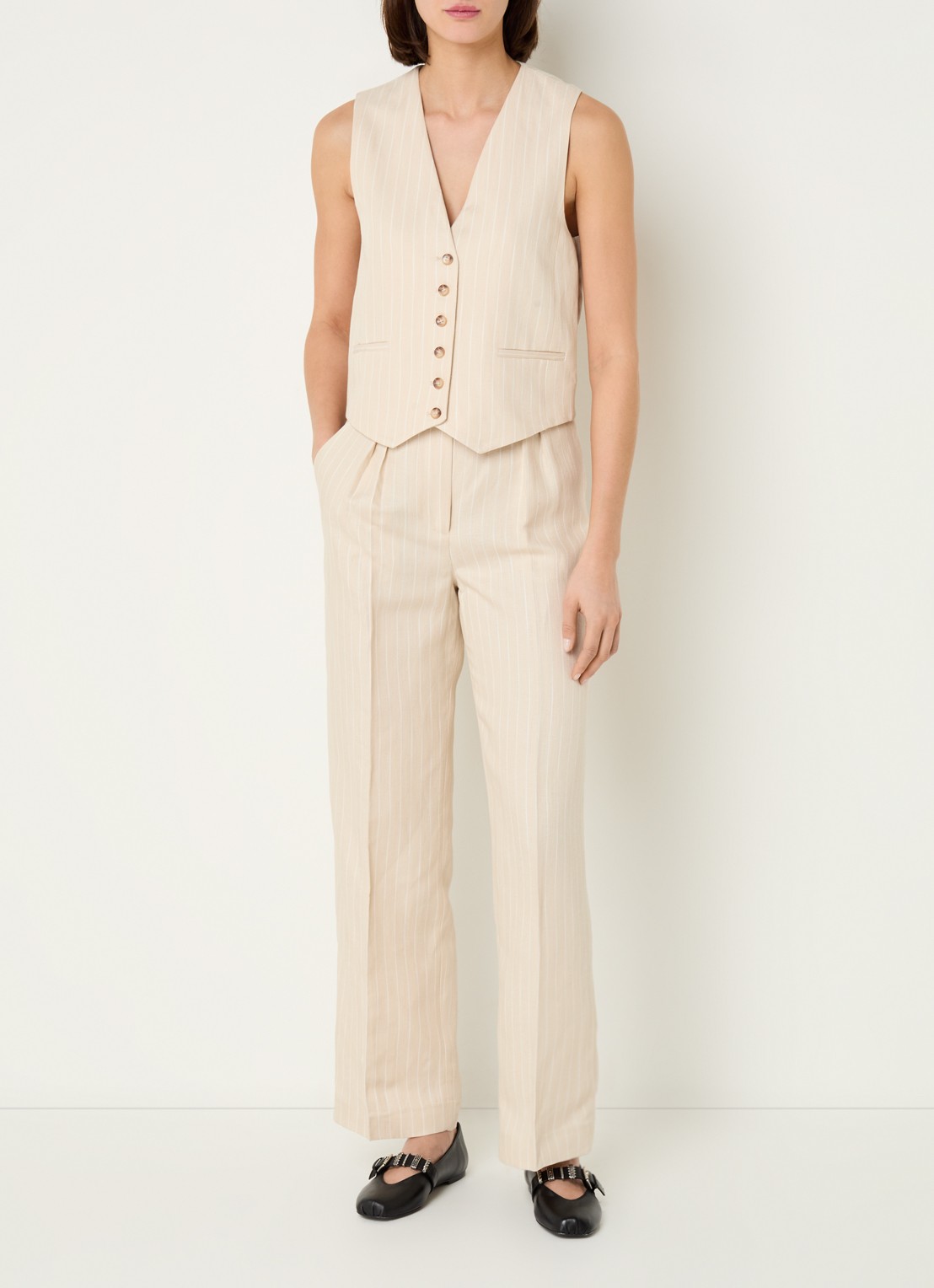 ba&sh Patsy gilet in linnenblend met streepprint - voorkant 4 beige