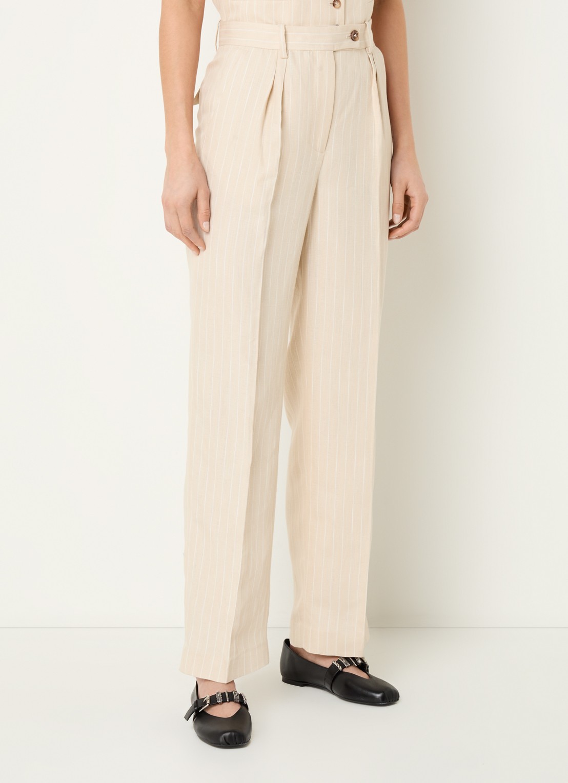 ba&sh Peanut high waist straight fit pantalon in linnenblend met streepprint - detail 3 beige