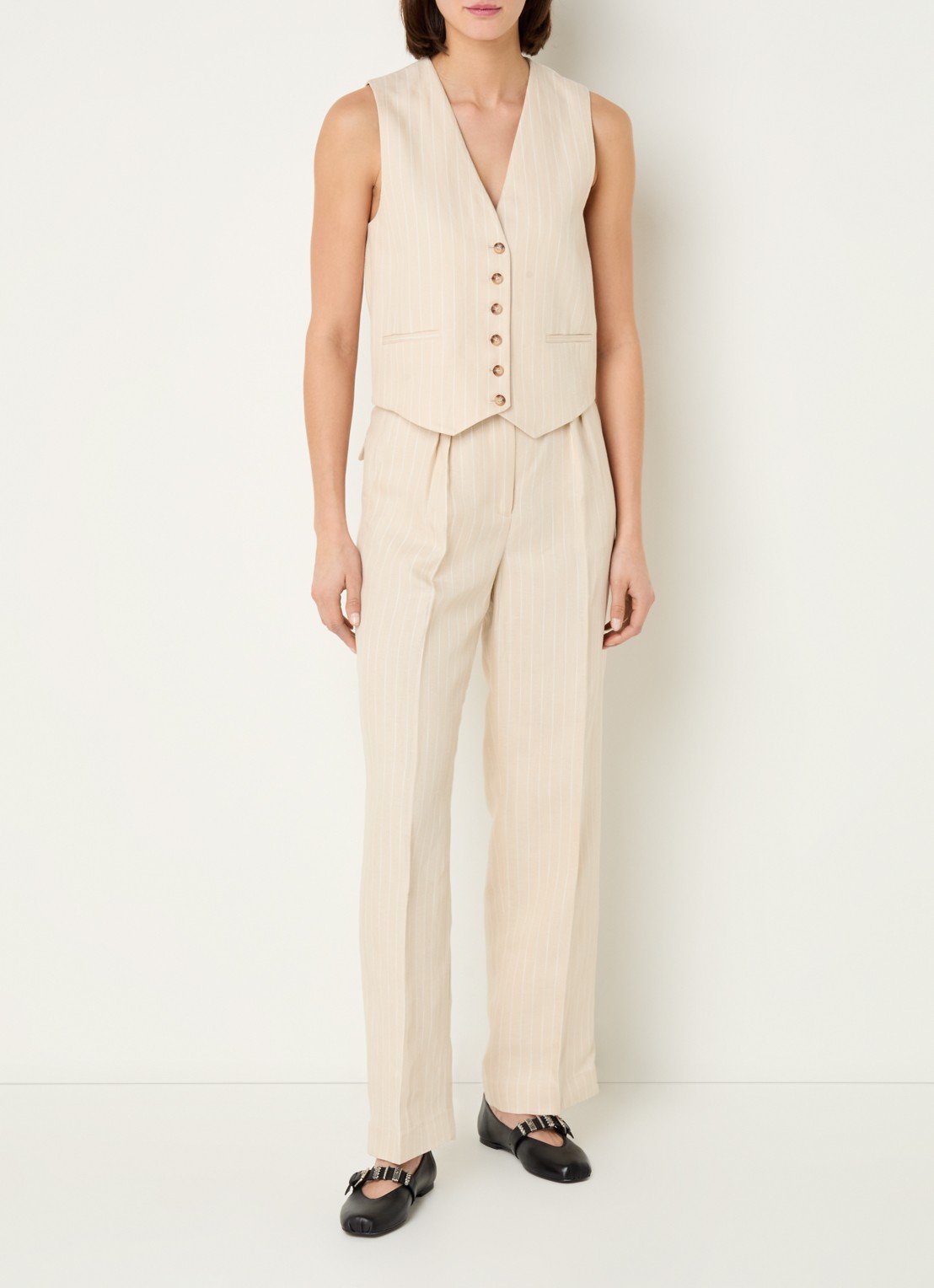 ba&sh Peanut high waist straight fit pantalon in linnenblend met streepprint - voorkant 2 beige