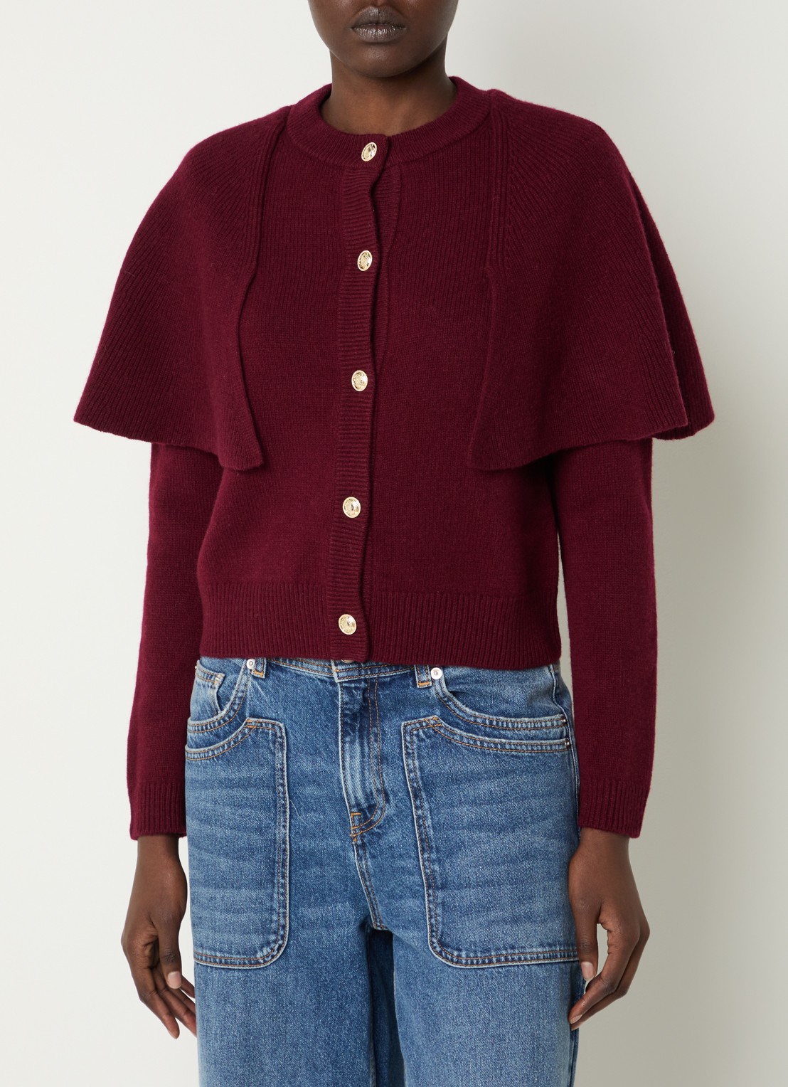 ba&sh Peggy fijngebreid vest van wol - detail cranberryrood