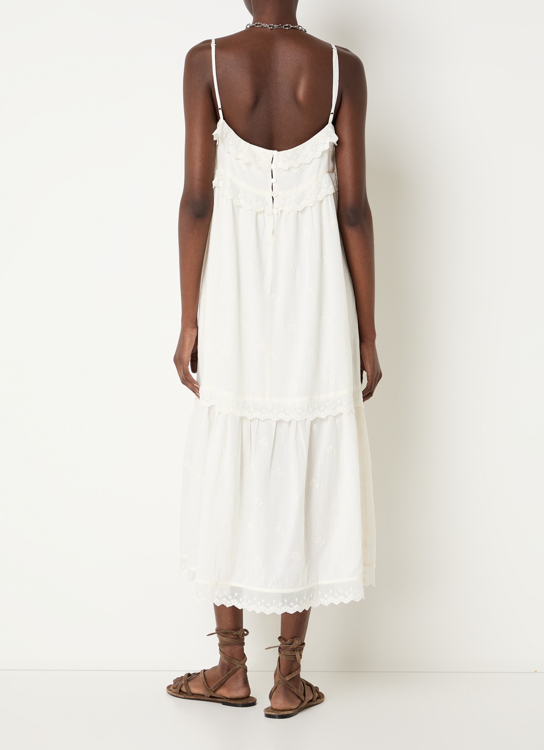 ba&sh Penny midi jurk met borduring en details van kant - achterkant gebroken wit