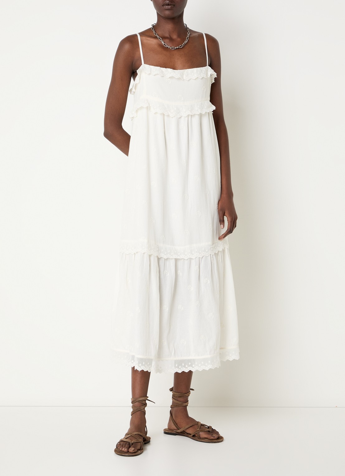 ba&sh Penny midi jurk met borduring en details van kant - detail 2 gebroken wit