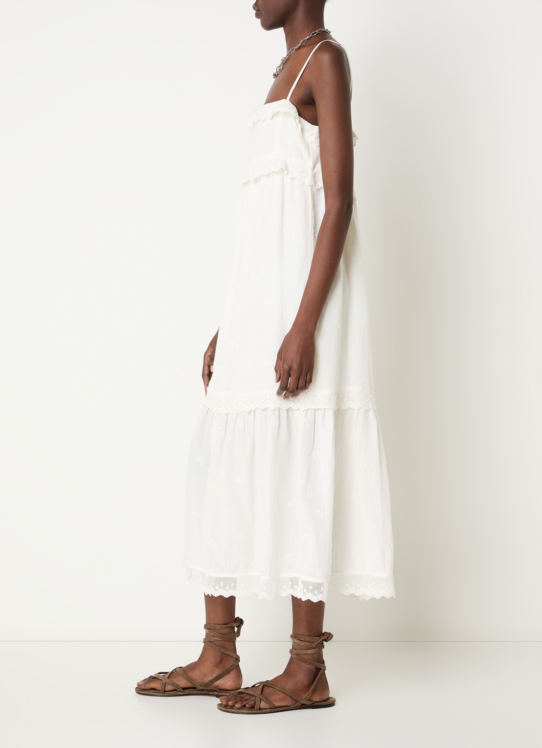 ba&sh Penny midi jurk met borduring en details van kant - voorkant 4 gebroken wit