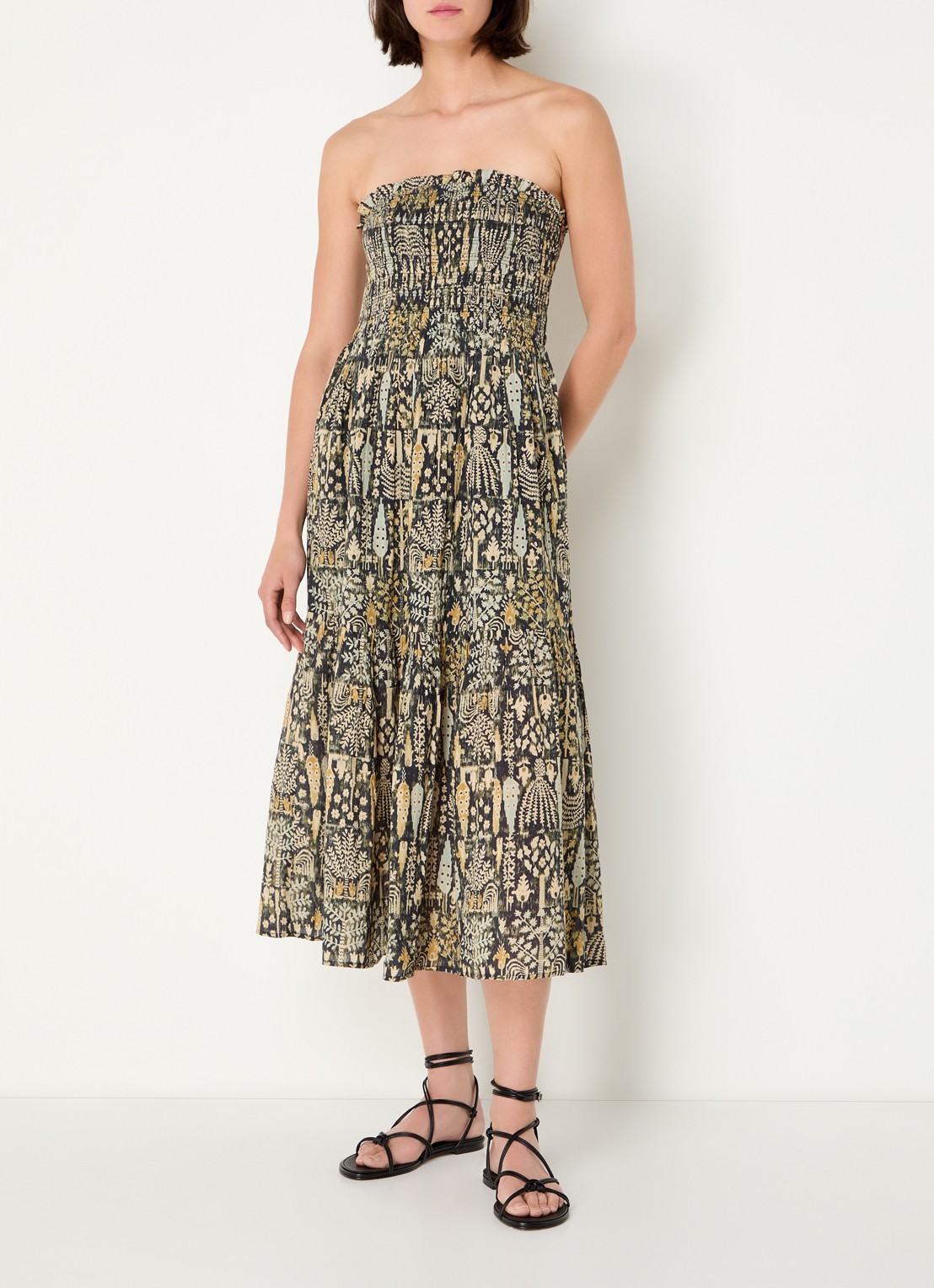 ba&sh Piala off shoulder midi jurk met bladprint en smockwerk - detail 3 mosgroen