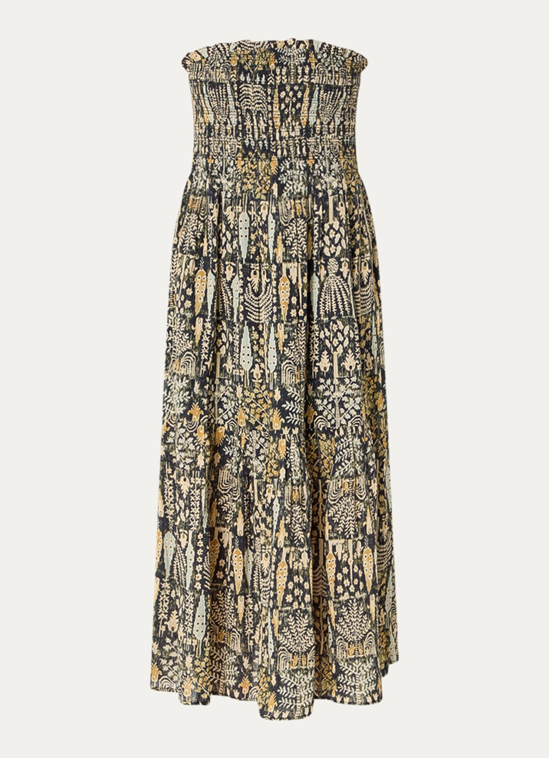 ba&sh Piala off shoulder midi jurk met bladprint en smockwerk - voorkant mosgroen