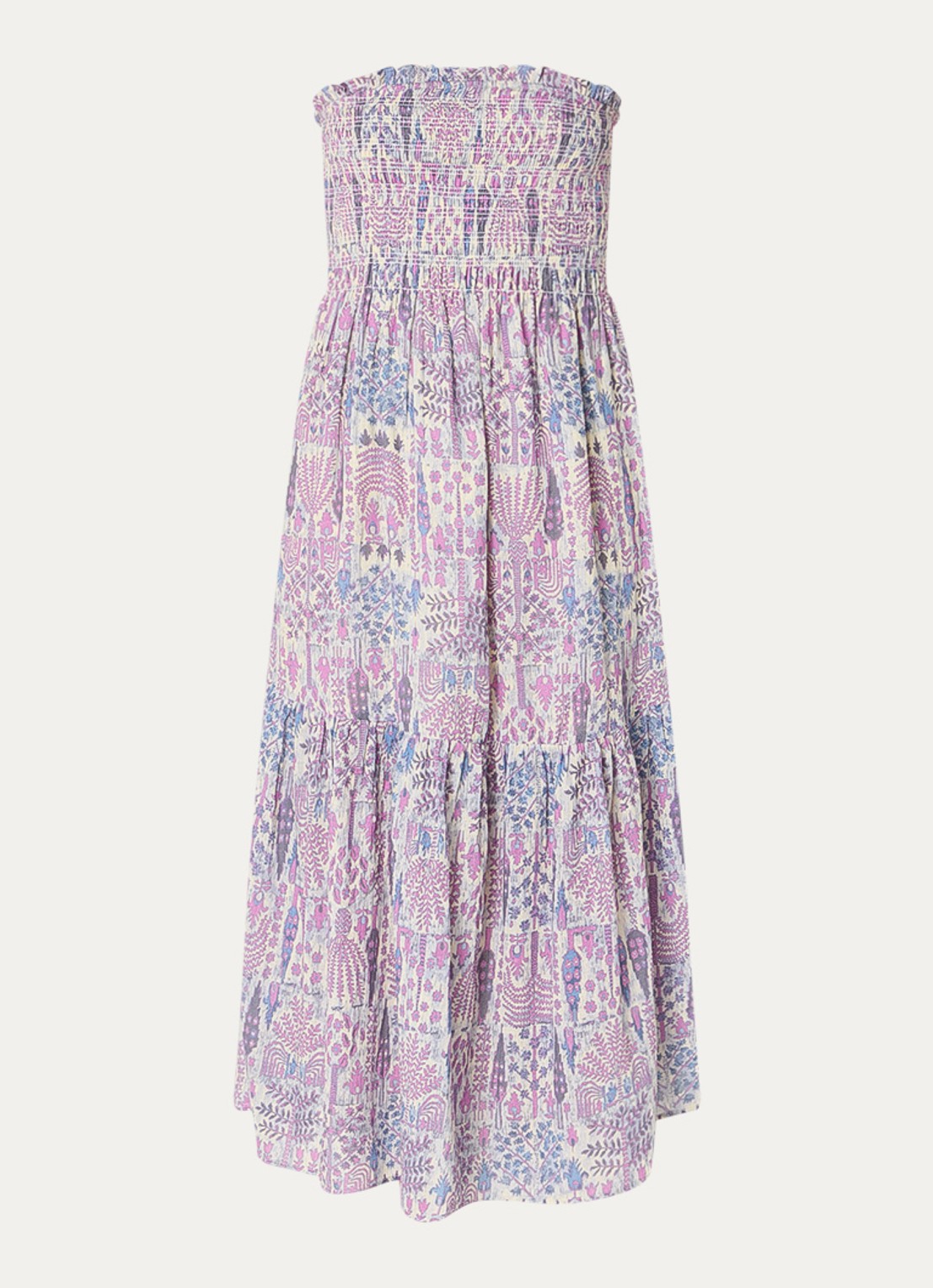 ba&sh Piala off shoulder midi jurk met bladprint en smockwerk - voorkant 3 roze
