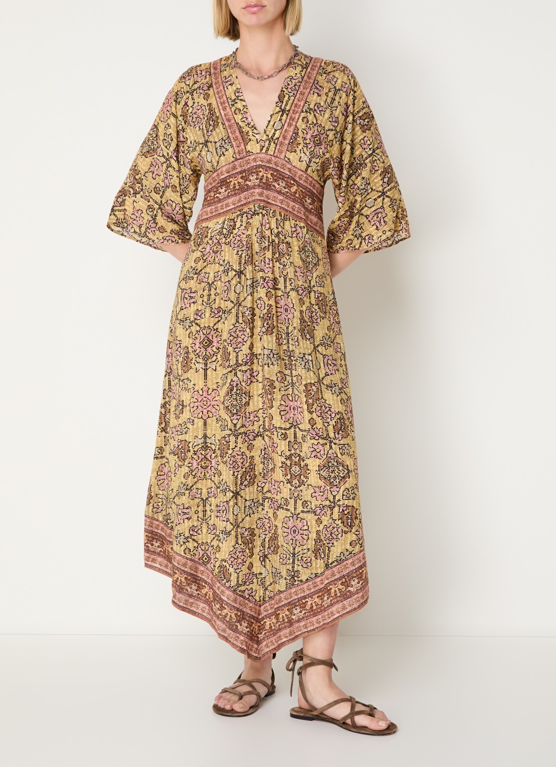 ba&sh Pipa midi jurk met cut-out detail en print - detail geel