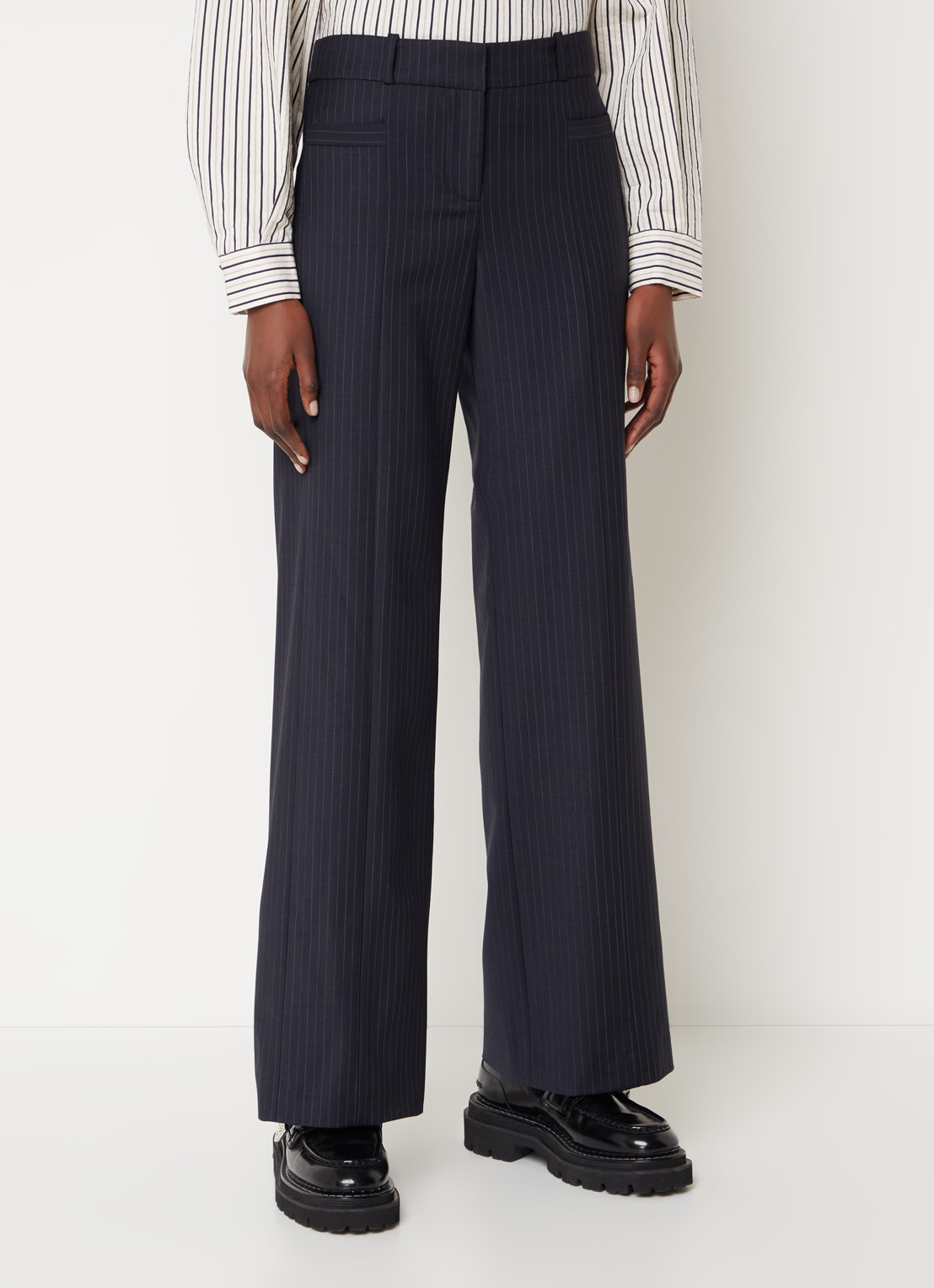 ba&sh Pistachio high waist wide fit pantalon in wolblend met krijtstreep - detail 4 donkerblauw