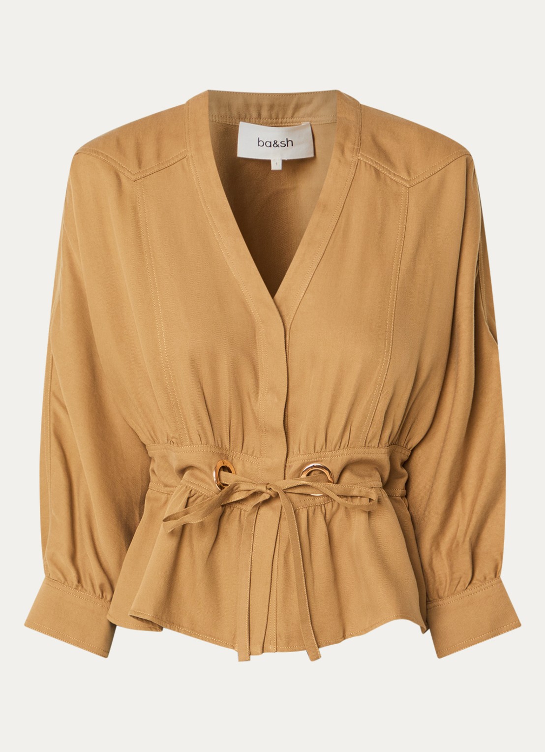 ba&sh Precilia blouse met strikceintuur - voorkant camel