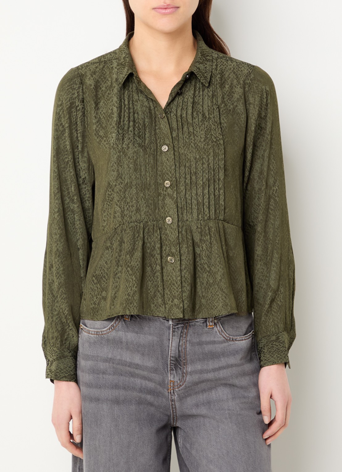 ba&sh Riata blouse met plissé - detail 4 bronsgroen