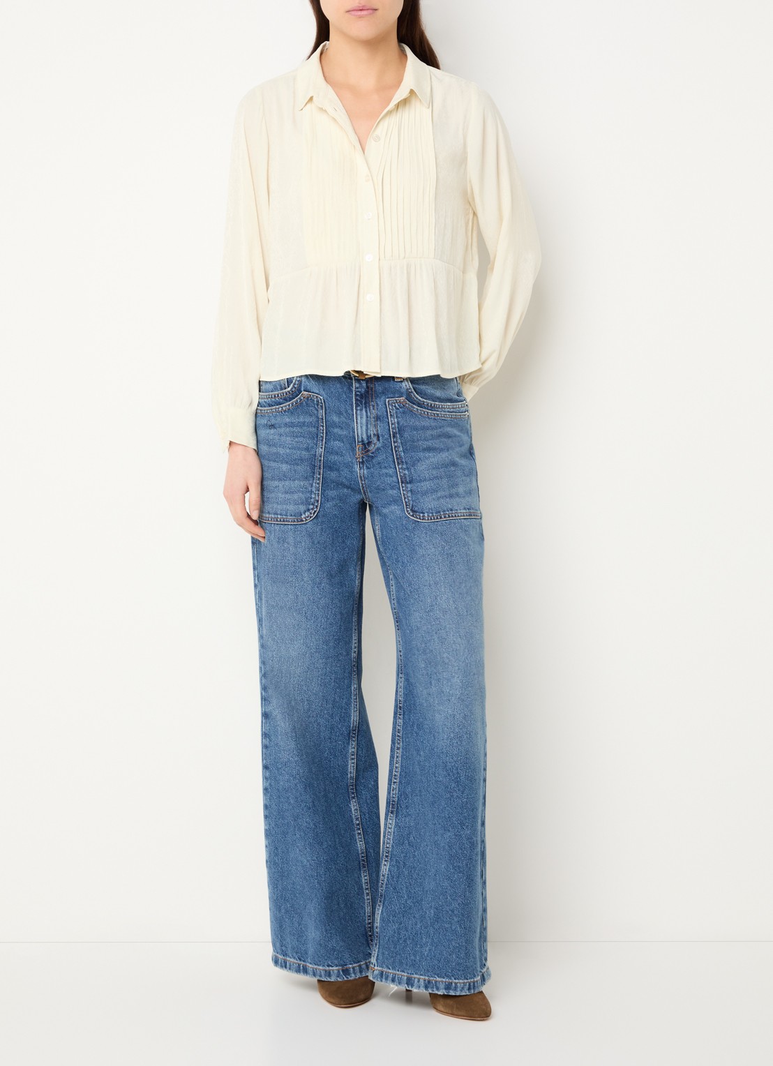 ba&sh Riata blouse met plissé - voorkant 2 creme