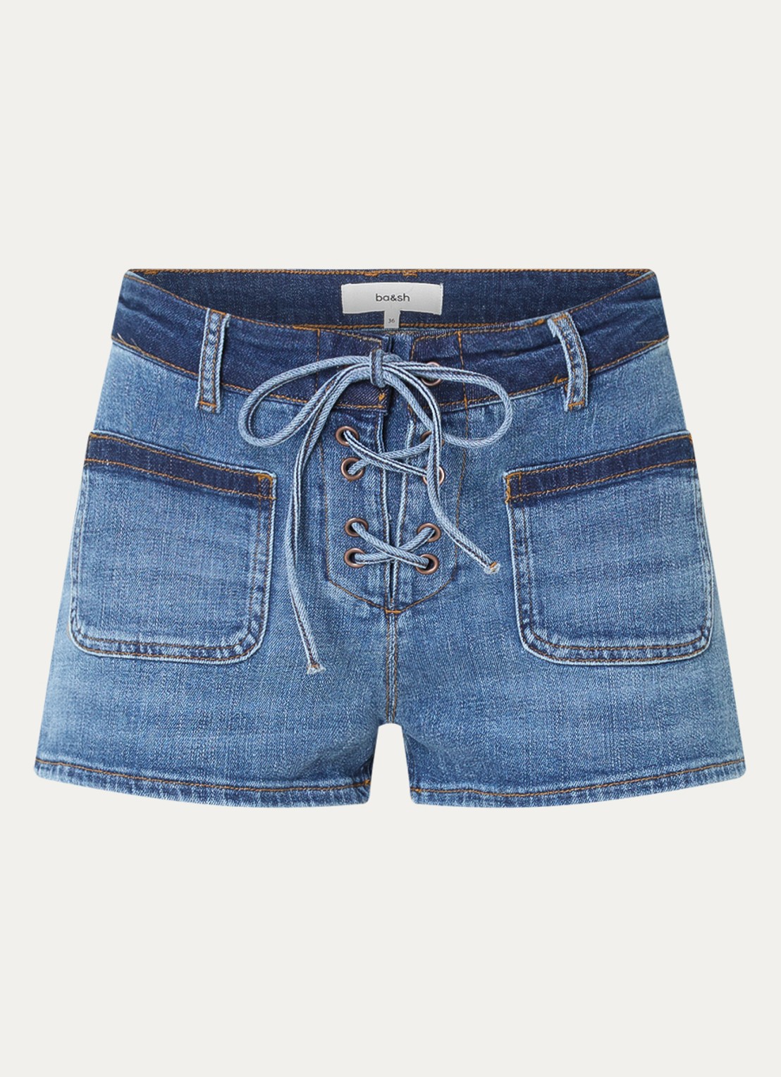 ba&sh Rio low waist straight fit korte broek van denim met opgestikte zakken  - voorkant 3 indigo