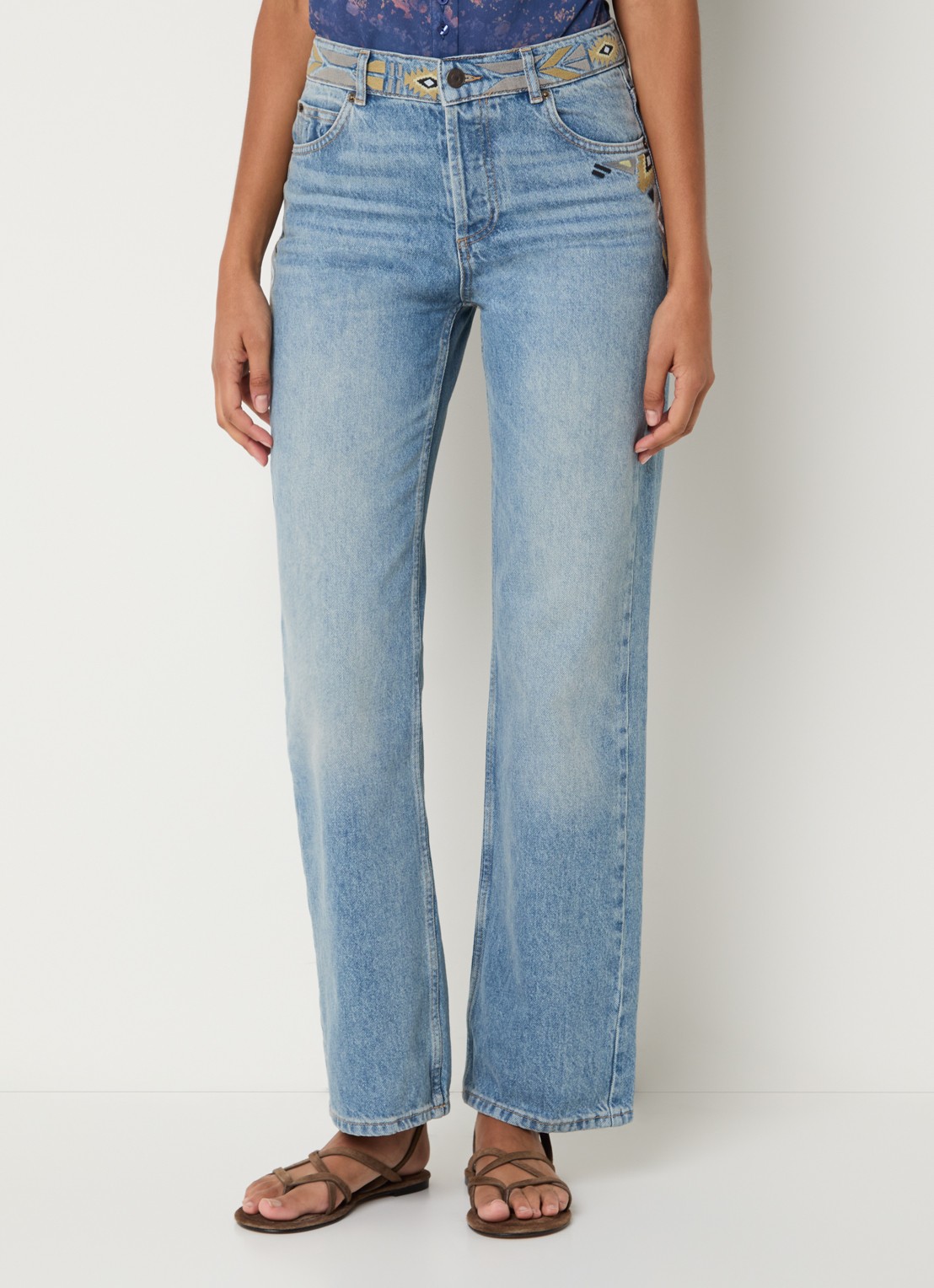 ba&sh Rizie high waist straight leg jeans met lichte wassing en borduring - detail 2 indigo