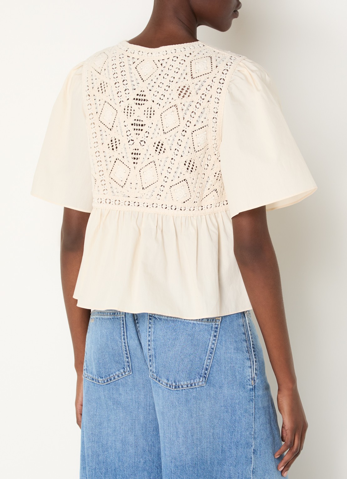 ba&sh Salvi tuniek met crochet en vlindermouw - achterkant 4 gebroken wit