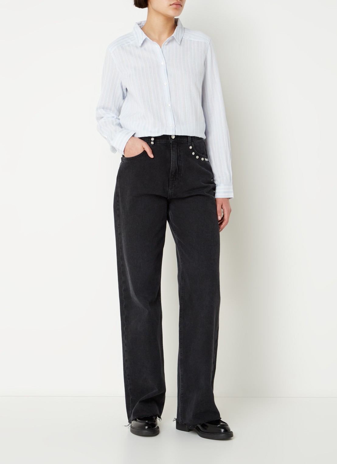 ba&sh Scherif blouse met streepprint - voorkant 2 lichtblauw