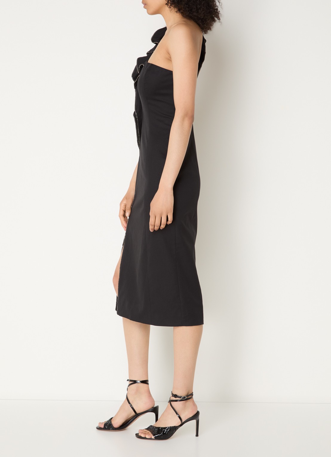 ba&sh Silla one shoulder midi jurk met split - voorkant 2 zwart