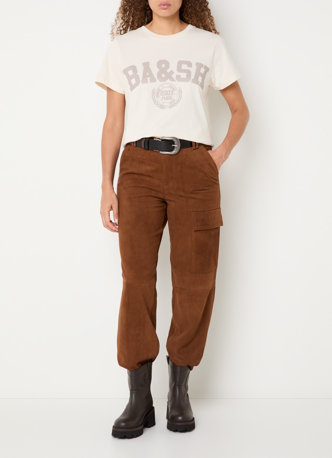 ba&sh Sita straight fit broek van suède met steekzakken - voorkant 2 cognac